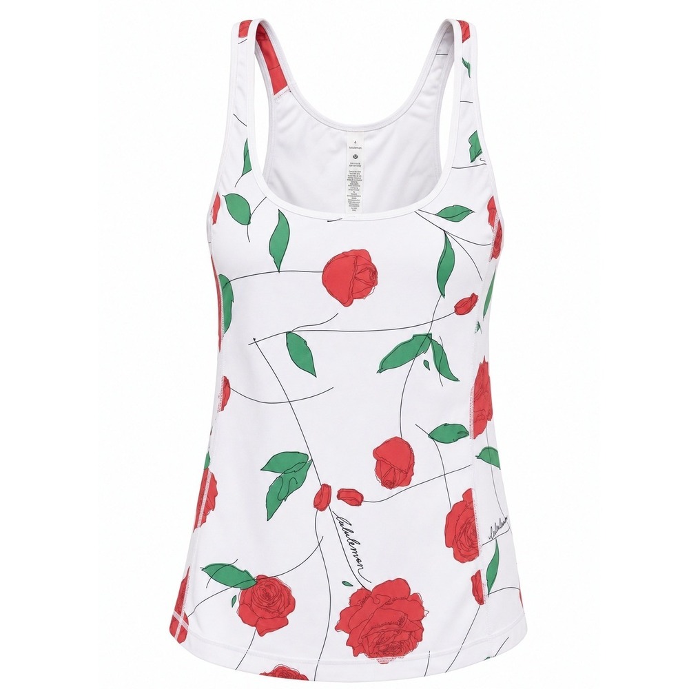 Lululemon Tank Top Womens Large White Red Rose Floral Racerback Yoga Activewear